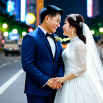 **Prompt 1: Dynamic Saigon Night Wedding**
    A Vietnamese bride and groom in elegant, fully clothed, modest wedding attire, walking hand-in-hand on a modern city street at night. The background features towering skyscrapers with vibrant neon lights and blurred streaks of car lights from long exposure, creating a dynamic urban bokeh effect. The couple is looking at each other affectionately, captured in a natural pose. Professional photography, high quality, perfect anatomy, correct proportions, natural body proportions, well-formed hands, proper finger count. safe for work, appropriate content, fully clothed, professional, family-friendly.