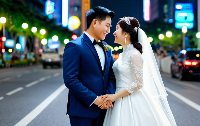 **Prompt 1: Dynamic Saigon Night Wedding**
    A Vietnamese bride and groom in elegant, fully clothed, modest wedding attire, walking hand-in-hand on a modern city street at night. The background features towering skyscrapers with vibrant neon lights and blurred streaks of car lights from long exposure, creating a dynamic urban bokeh effect. The couple is looking at each other affectionately, captured in a natural pose. Professional photography, high quality, perfect anatomy, correct proportions, natural body proportions, well-formed hands, proper finger count. safe for work, appropriate content, fully clothed, professional, family-friendly.