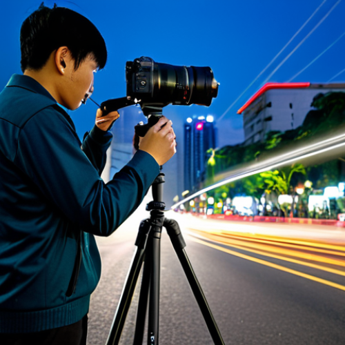 Home 28 A professional photographer, wearing modest and appropriate outdoor attire, stands beside a robust carbon fiber tripod in a vibrant Vietnamese city at night. The camera, mounted firmly on the tripod, is capturing a long exposure shot of the cityscape with dynamic light trails from vehicles and beautifully illuminated high-rise buildings. The scene showcases starburst effects from streetlights and a bustling urban atmosphere. The photographer is focused, observing the shot. Professional photography, high-resolution, sharp focus, vivid colors, fully clothed, appropriate content, safe for work, perfect anatomy, natural pose, correct proportions, well-formed hands, proper finger count, natural body proportions, professional dress.