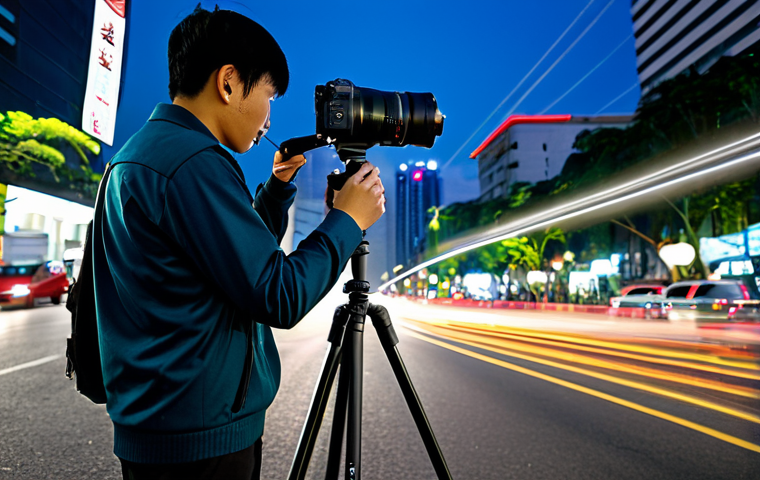 A professional photographer, wearing modest and appropriate outdoor attire, stands beside a robust carbon fiber tripod in a vibrant Vietnamese city at night. The camera, mounted firmly on the tripod, is capturing a long exposure shot of the cityscape with dynamic light trails from vehicles and beautifully illuminated high-rise buildings. The scene showcases starburst effects from streetlights and a bustling urban atmosphere. The photographer is focused, observing the shot. Professional photography, high-resolution, sharp focus, vivid colors, fully clothed, appropriate content, safe for work, perfect anatomy, natural pose, correct proportions, well-formed hands, proper finger count, natural body proportions, professional dress.
