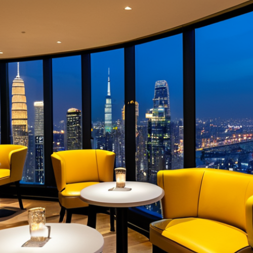 Home 27 A stunning, cozy café interior at night, featuring large panoramic windows that offer a breathtaking view of a modern, sparkling city skyline with a prominent, iconic skyscraper in the distance. The interior boasts soft, warm yellow ambient lighting, comfortable minimalist design sofas, and elegant decorative elements. A few adult patrons are subtly present in the background, fully clothed in modest, professional attire, enjoying the serene atmosphere. Professional photography, high quality, perfect anatomy, correct proportions, natural pose, well-formed hands, proper finger count, natural body proportions, safe for work, appropriate content, fully clothed, modest clothing, appropriate attire, professional dress, family-friendly.