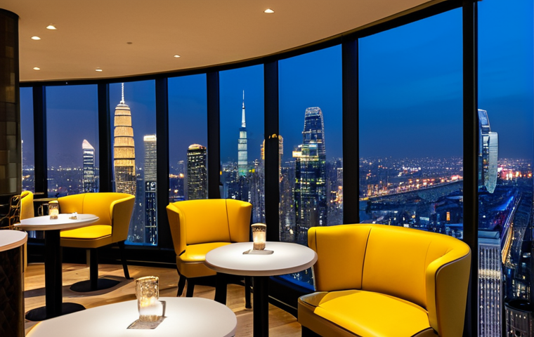 A stunning, cozy café interior at night, featuring large panoramic windows that offer a breathtaking view of a modern, sparkling city skyline with a prominent, iconic skyscraper in the distance. The interior boasts soft, warm yellow ambient lighting, comfortable minimalist design sofas, and elegant decorative elements. A few adult patrons are subtly present in the background, fully clothed in modest, professional attire, enjoying the serene atmosphere. Professional photography, high quality, perfect anatomy, correct proportions, natural pose, well-formed hands, proper finger count, natural body proportions, safe for work, appropriate content, fully clothed, modest clothing, appropriate attire, professional dress, family-friendly.