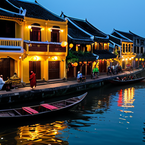 Home 26 A breathtaking night view of Hoi An Ancient Town in Vietnam, illuminated by thousands of glowing, traditional colorful lanterns. The lanterns cast warm, soft light, reflecting beautifully on the tranquil Hoai River, creating a magical and serene atmosphere. People are seen strolling along the riverbanks and on traditional boats, fully clothed in modest, family-friendly attire, enjoying the enchanting evening. The ancient architecture of the town is subtly highlighted by the ambient light, showcasing its historic charm. Perfect anatomy, correct proportions, natural pose for any background figures. Well-formed hands, proper finger count, natural body proportions. Professional photography, high quality, safe for work, appropriate content, fully clothed.