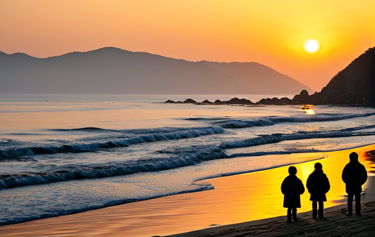 Jeongdongjin Sunrise**

"The breathtaking sunrise over Jeongdongjin beach, South Korea. The sky is painted with warm orange and yellow hues, reflecting on the calm sea.  A few silhouetted figures are watching the sunrise, fully clothed in jackets. Safe for work, appropriate content, family-friendly. Perfect anatomy, natural proportions, professional landscape photography, high quality."

**